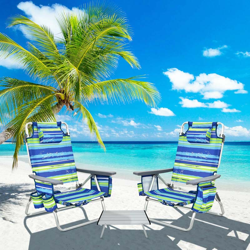 2-Pack 5-Position Outdoor Folding Backpack Beach Chairs With Side Table Set