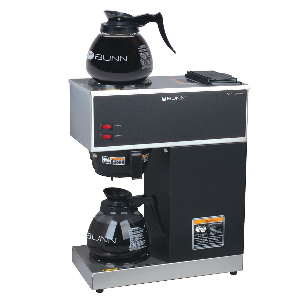 12-Cup Pourover Coffee Maker, Black, With Upper & Lower Warmers, 2 Glass Decanters - Commercial Use