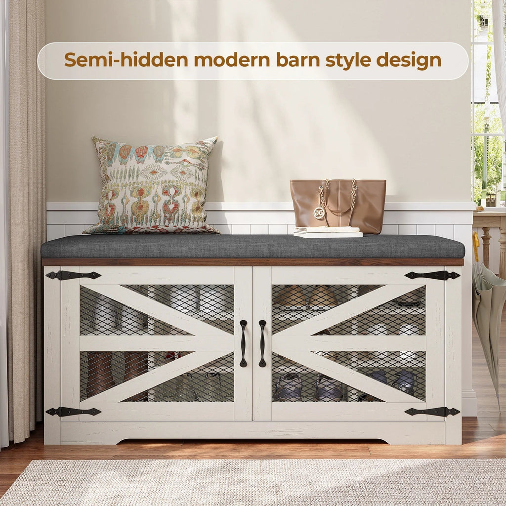 Farmhouse Shoe Storage Bench With Cushion, 31.4in, Metal Barn Door, Old White