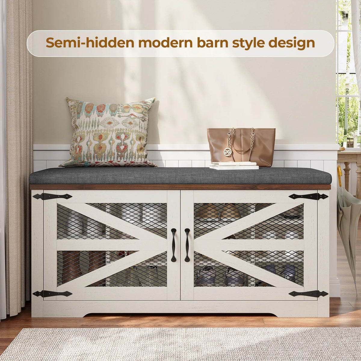 Farmhouse Shoe Storage Bench With Cushion, 31.4in, Metal Barn Door, Old White