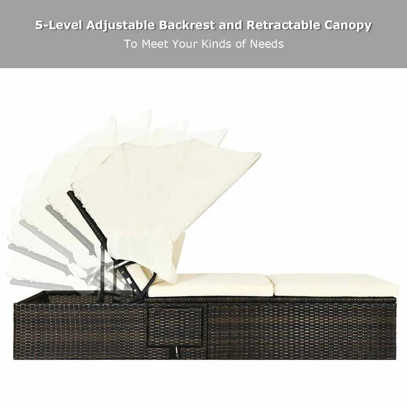 Cushioned Rattan Outdoor Chaise Lounge Chair With Folding Canopy, Flip-Up Tea Table And 5 Positions