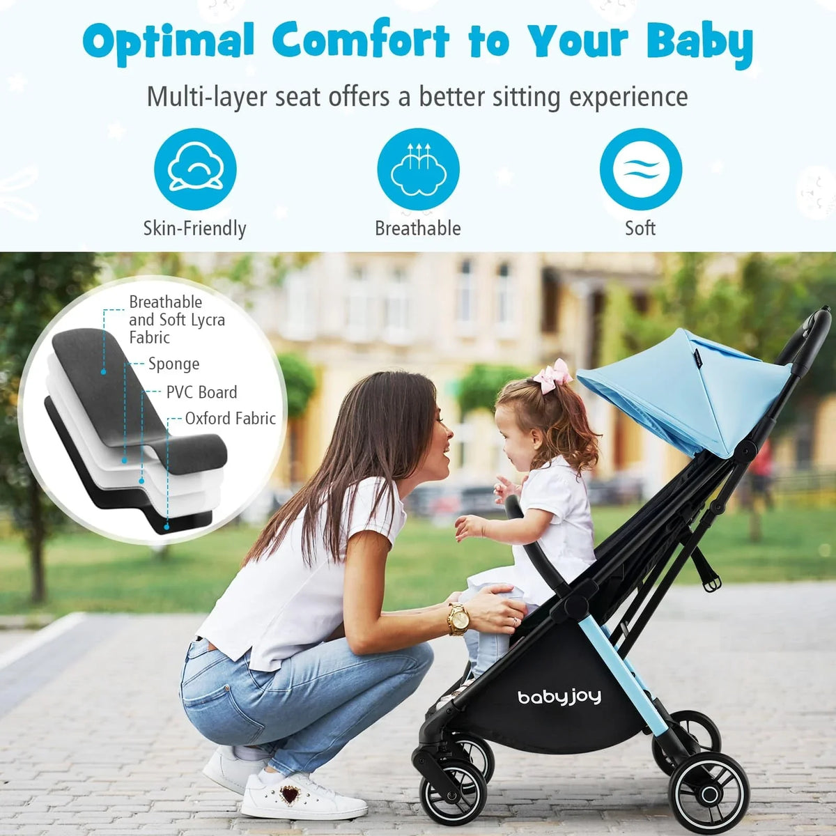 Compact Travel Stroller With Adjustable Backrest, Canopy And 7 kg Weight - 6-36 Months