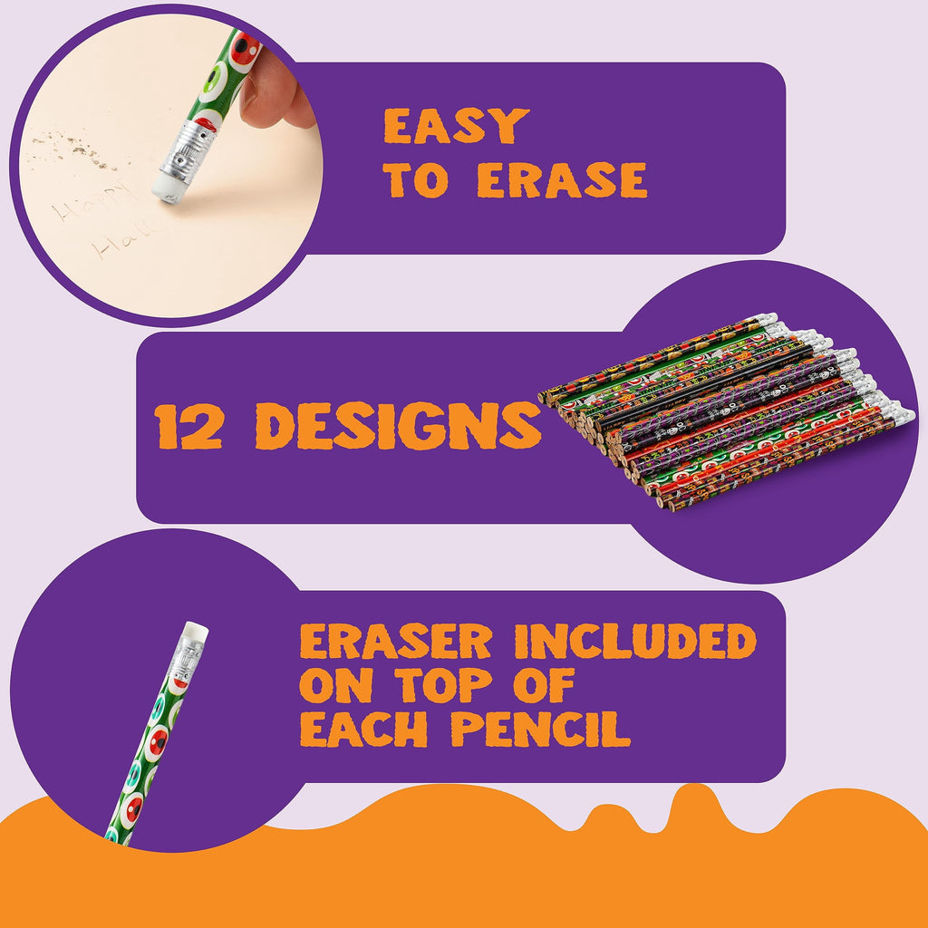 Joyfy 48 Pcs Halloween Pencils Bulk with Eraser for Kids, Colorful Pencils Stationery Pencil Set, Halloween Favors Prizes for Kids, Halloween Bulk Toys