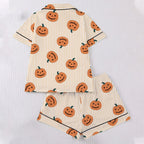 CUZIBR Girls Halloween Pajamas Sets Soft Comfortable Ghost Pumpkin Lapel Button Short Sleeve Shirt Elastic Waist Shorts 2 Pieces Sleep Loungewear Relaxed Sleepwear Outfits, Orange-C