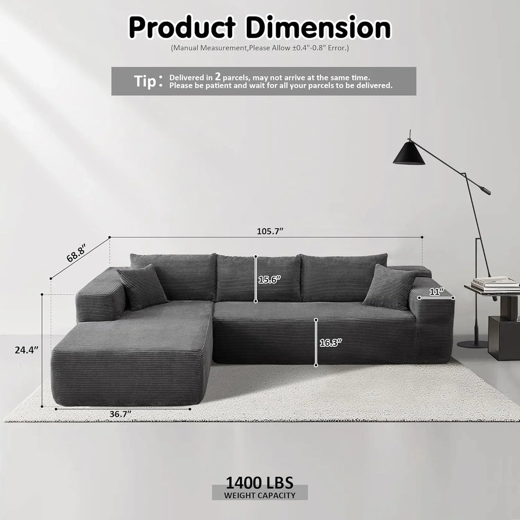 ovios 104in L-Shape Sectional Sofa With Chaise, Grey Plush Corduroy Fabric