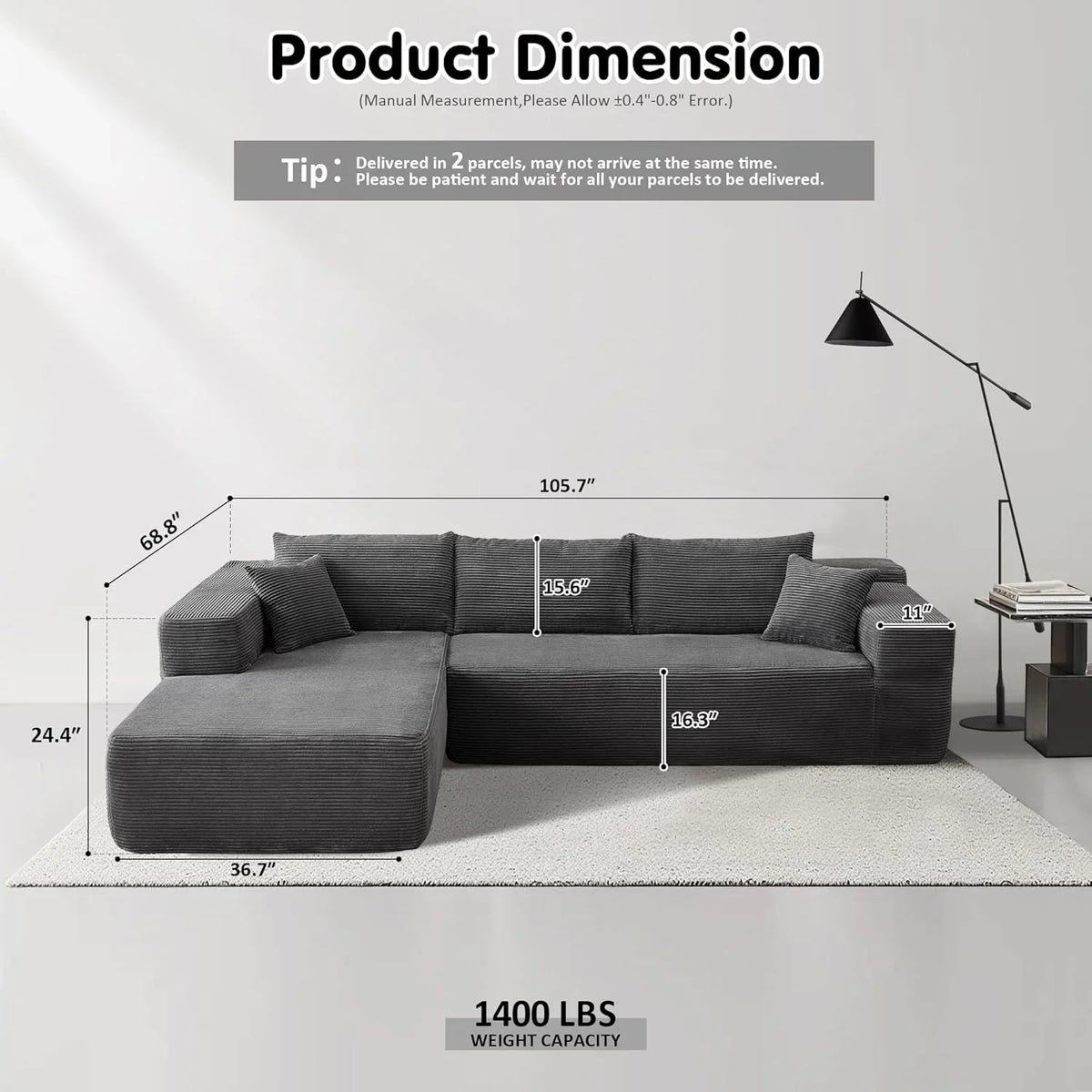ovios 104in L-Shape Sectional Sofa With Chaise, Grey Plush Corduroy Fabric