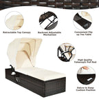 Cushioned Rattan Outdoor Chaise Lounge Chair With Folding Canopy, Flip-Up Tea Table And 5 Positions