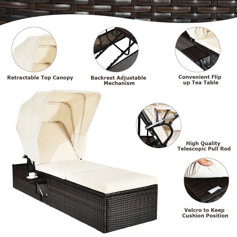 Cushioned Rattan Outdoor Chaise Lounge Chair With Folding Canopy, Flip-Up Tea Table And 5 Positions