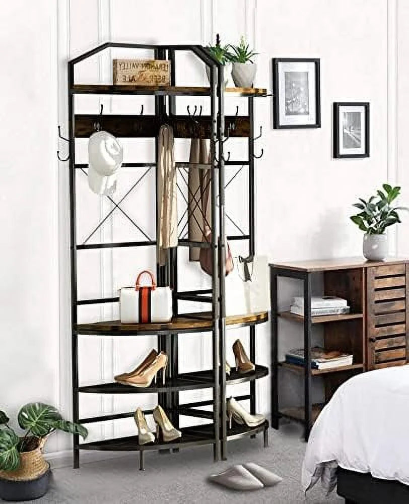 MQLIFEBOOM 3-in-1 Corner Entryway Hall Tree With Bench, Shoe Rack And Coat Rack, Rustic Brown/Black, 17.72in x 17.72in x 72.05in