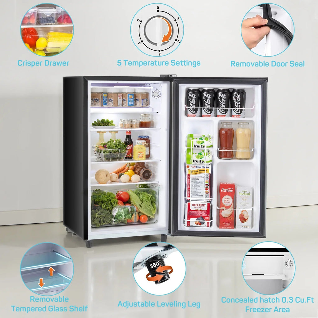 TINKLE WELL Mini Fridge With Freezer, 3.2 Cu Ft, Single Door, Silver