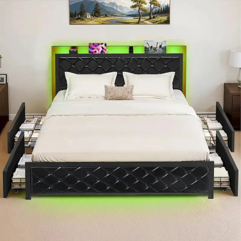 Moasis Queen Platform Bed Frame With PU Upholstery, LED Lighting And 4 Storage Drawers