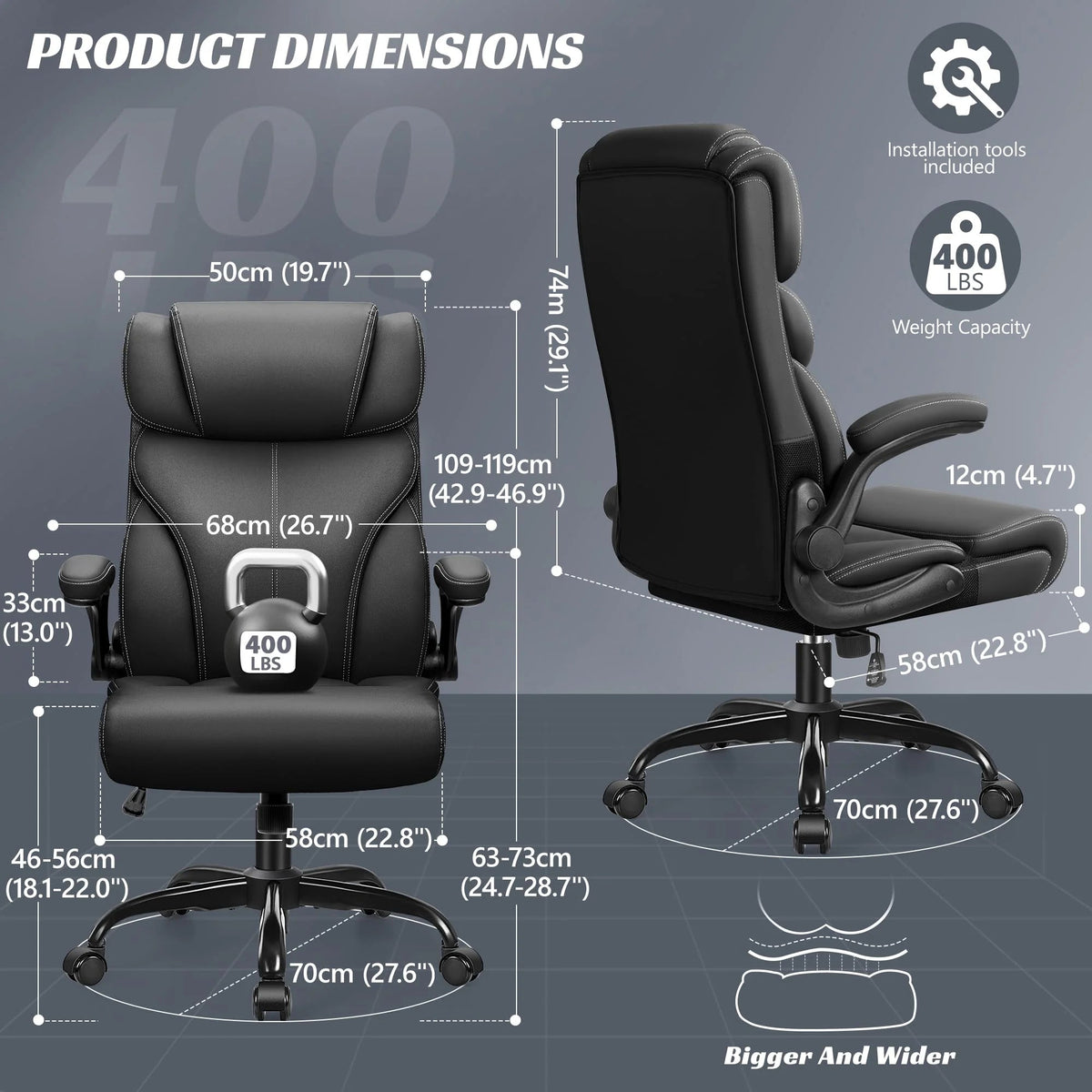 HeroSet Big And Tall Executive Office Chair With PU Leather, 400 lbs Capacity