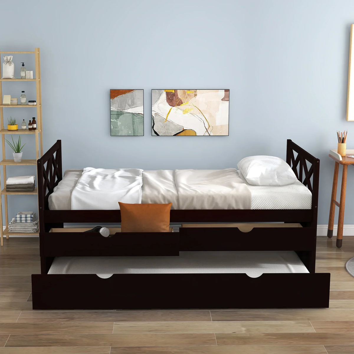 Captain Wood Twin Bed With Trundle And 3 Drawers, Brown, 78.9 in L x 42.7 in W x 36.2 in H