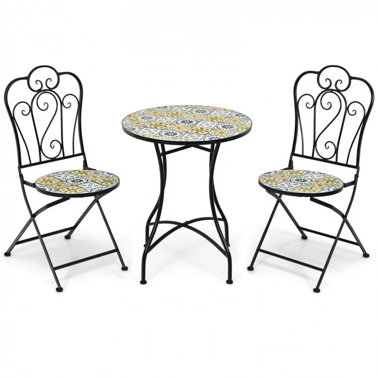 2-Piece Mosaic Folding Bistro Chairs With Ceramic Tile Seats - Black