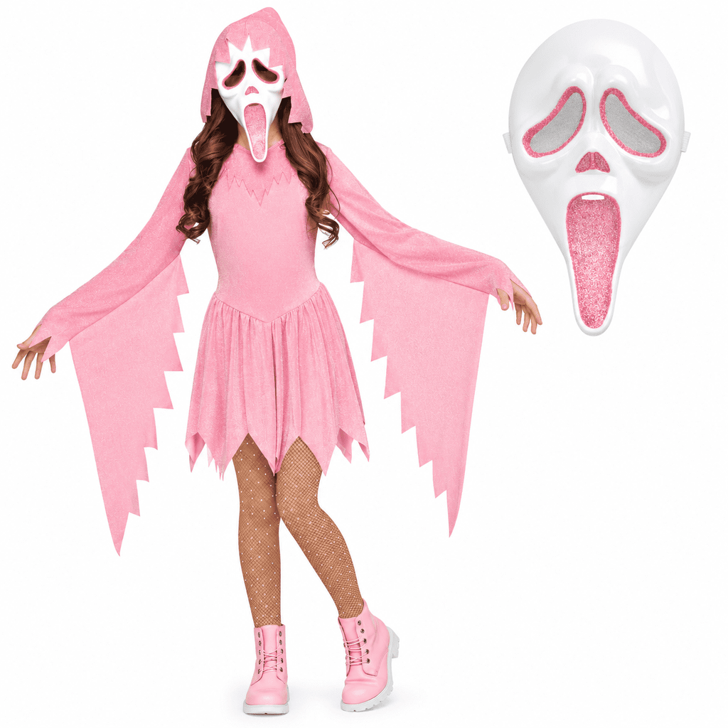 Pink Glitter Ghost Halloween Costume for Girls, Hooded Cosplay Dress with Mask, Spooky Horror Party Outfit