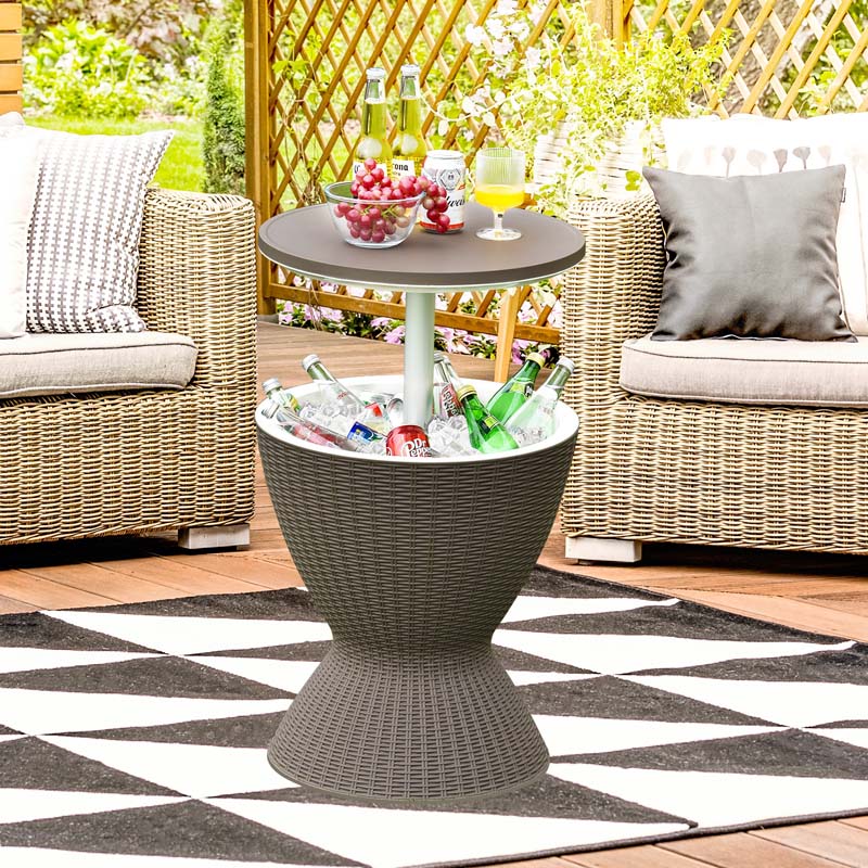 3-in-1 Rattan Outdoor Patio Ice Cooler Side Table, 8 Gal - Adjustable 22.5 in/32.5 in Height