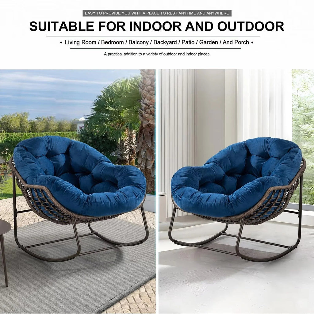 Outdoor Papasan Rocking Chair With Thick Cushion, Grey - 43.70in D x 37.20in W x 31.50in H