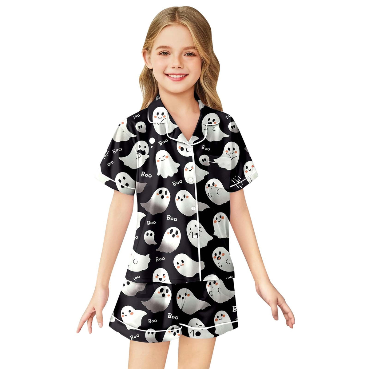 CUZIBR Girls Halloween Pajamas Sets Soft Comfortable Ghost Pumpkin Lapel Button Short Sleeve Shirt Elastic Waist Shorts 2 Pieces Sleep Loungewear Relaxed Sleepwear Outfits, Orange-C