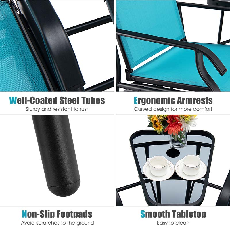 2-Person Double Swing Glider Chair With Glass Table, Steel And Fabric - 77in x 34in x 36in