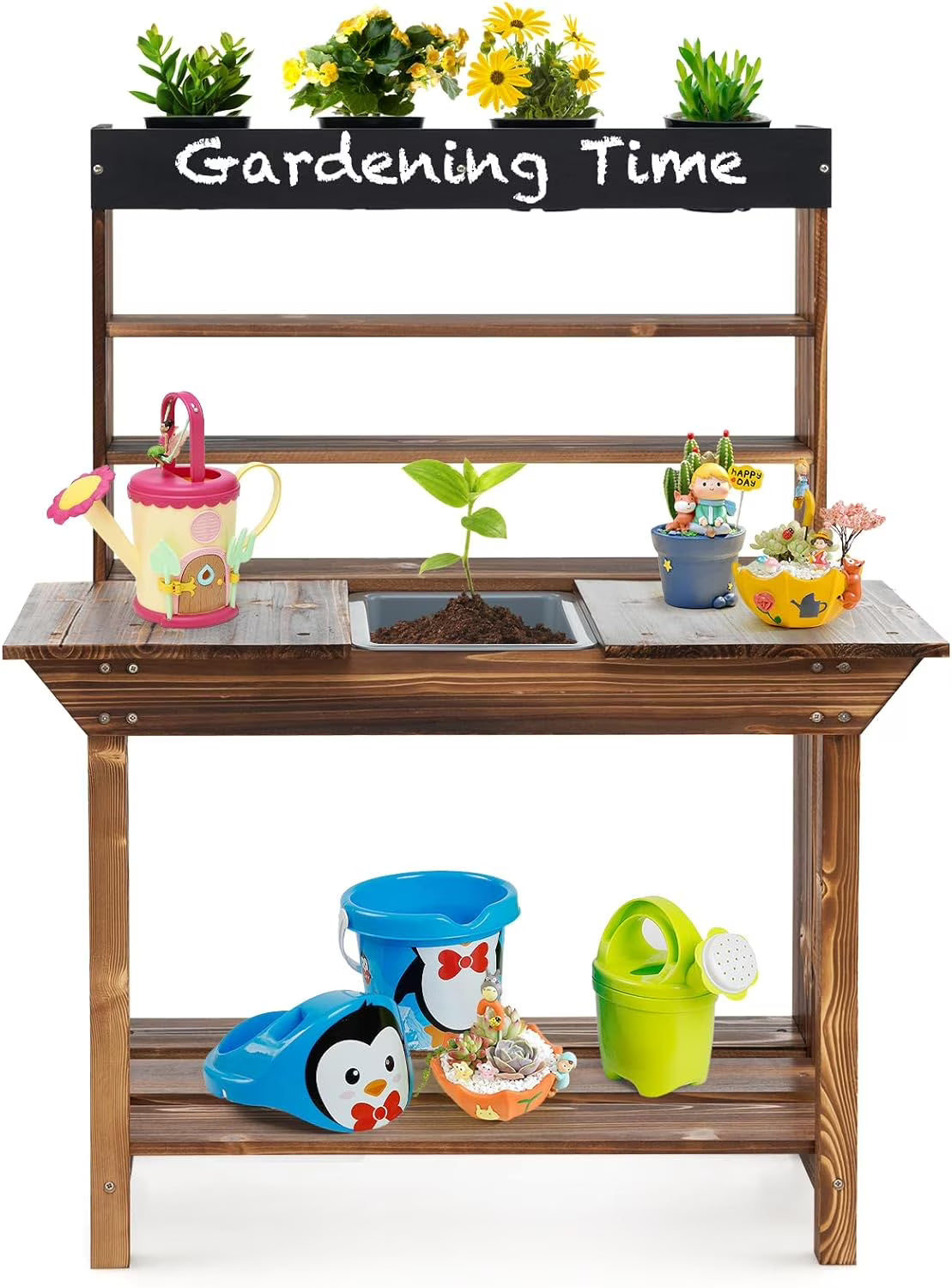 DORTALA Kids Potting Bench Mud Kitchen, Fir Wood, 4 Pots, 28 x 16 x 36 in
