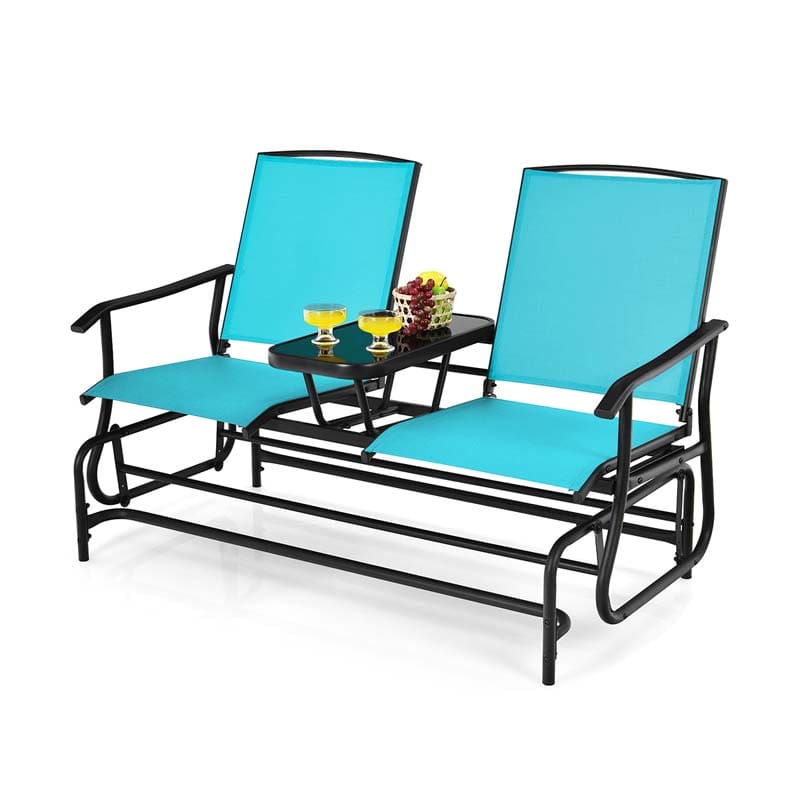 2-Person Outdoor Bench Glider Chair With Center Table, Mesh Fabric, 57 x 28 x 38 in