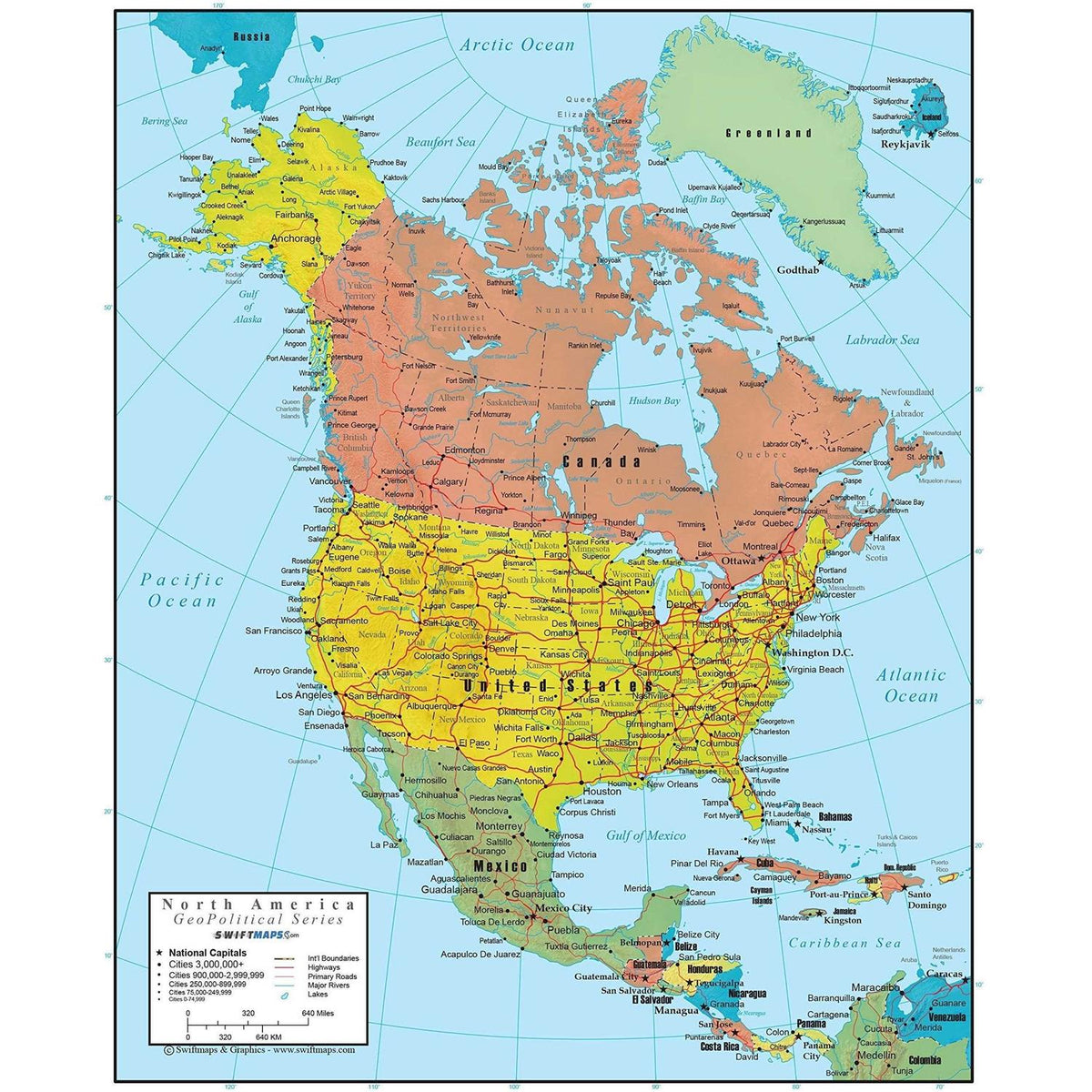 Swiftmaps North America Wall Map - GeoPolitical Edition