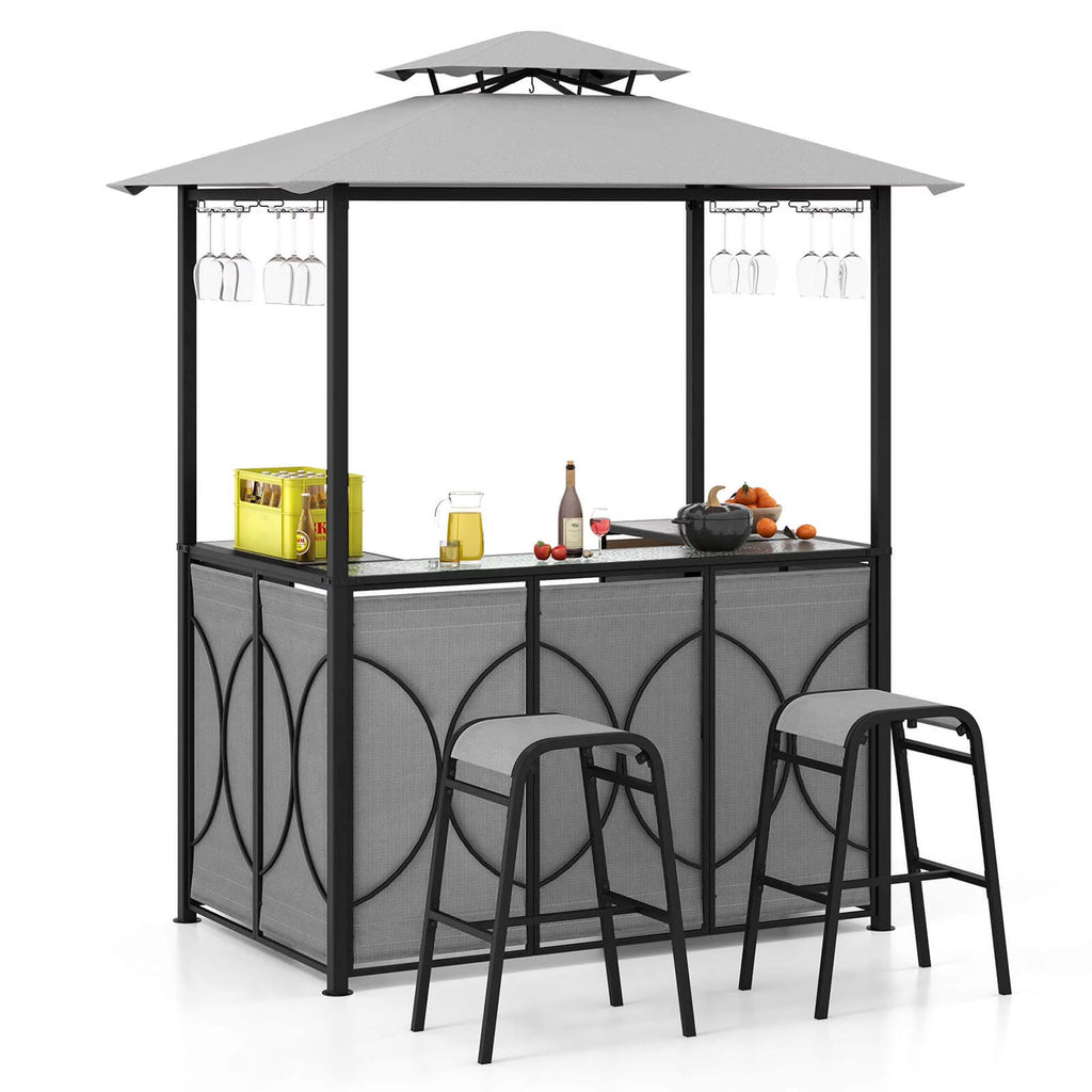 Costway 3-Piece Grill Gazebo Bar Set With 2 Bar Stools And Tempered Glass Top - Grey