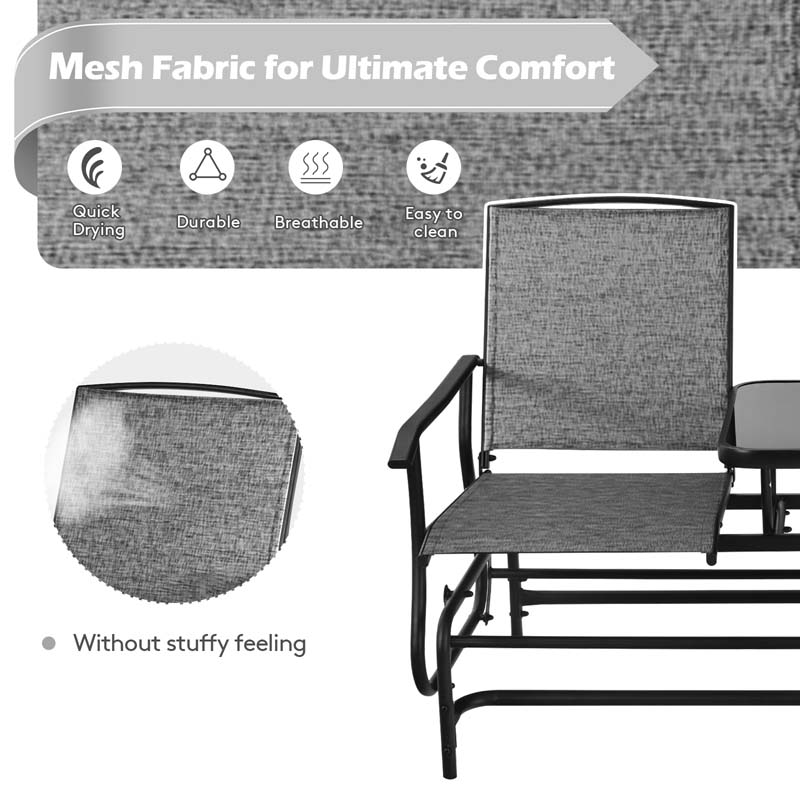 2-Person Outdoor Bench Glider Chair With Center Table, Mesh Fabric, 57 x 28 x 38 in