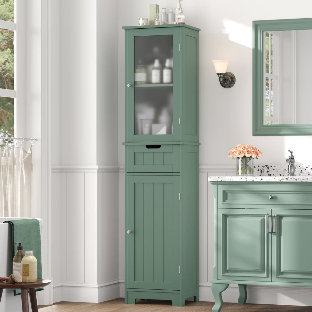 Homfa Tall Narrow Bathroom Storage Cabinet With Door And Drawer, 15.7in L x 11.8in W x 67in H, White