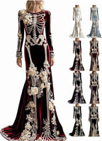 Women Skeleton Dress 3D Print Velvet Floral Long Sleeve Halloween Costumes, Skeleton Costume for Women Cosplay Party