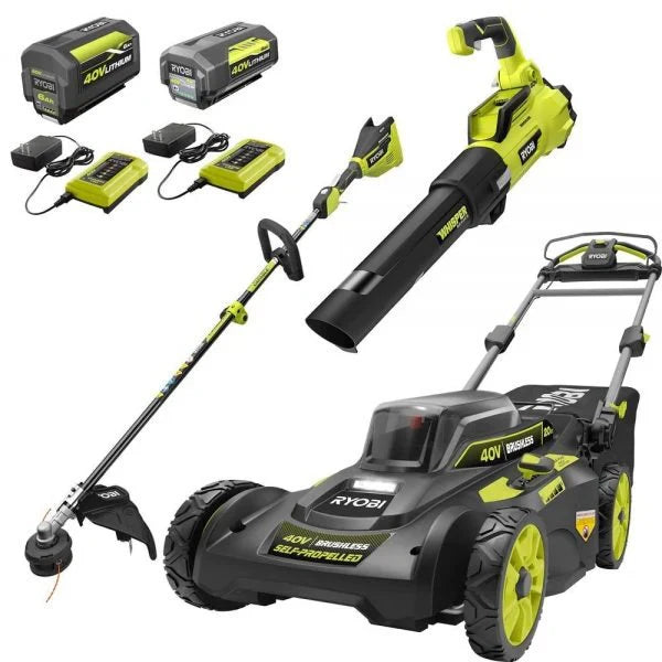 RYOBI 40V Brushless 20-inch Self-Propelled Lawn Care Combo Kit With 2 Batteries And 2 Chargers - RY401120-Y RY40270 RY40407BTLVNM