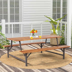 Acacia Wood Picnic Table Bench Set, 71in With 2in Umbrella Hole And Metal Frame