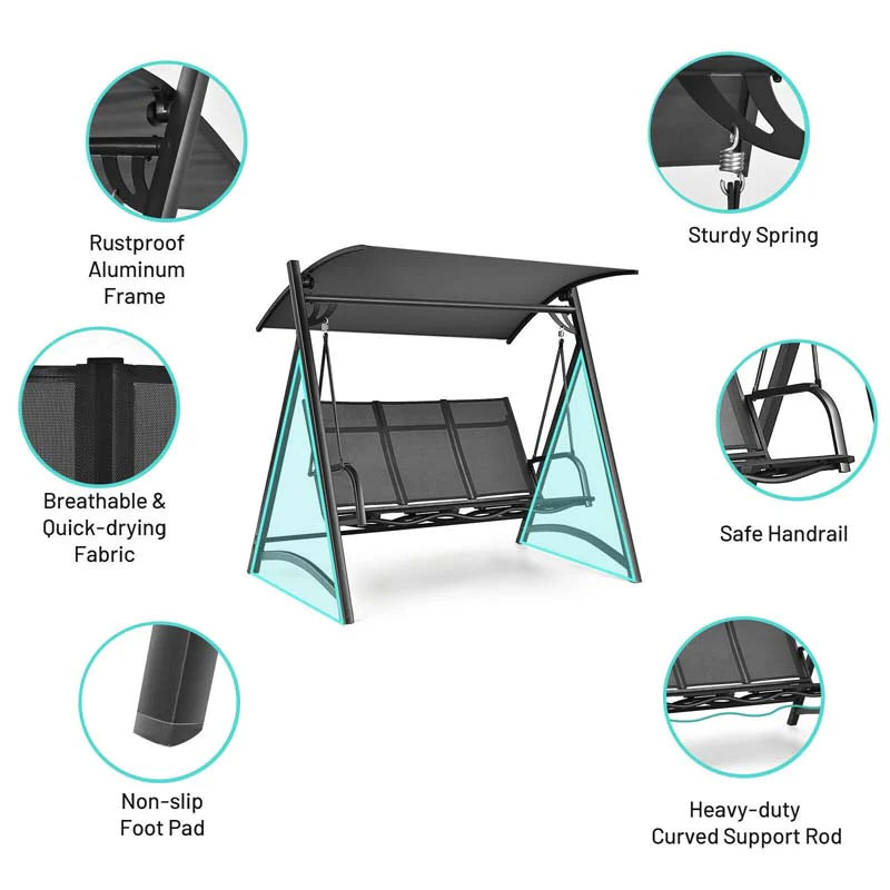 3-Person Aluminum Outdoor Patio Porch Swing Chair Bench Glider With Adjustable Canopy - Gray