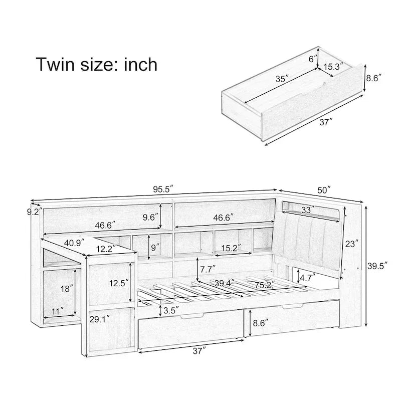 Ivery Furniture L-Shaped Wooden Twin/Full Daybed With Desk, Bookcase, Drawers And RGB Light - Natural/White