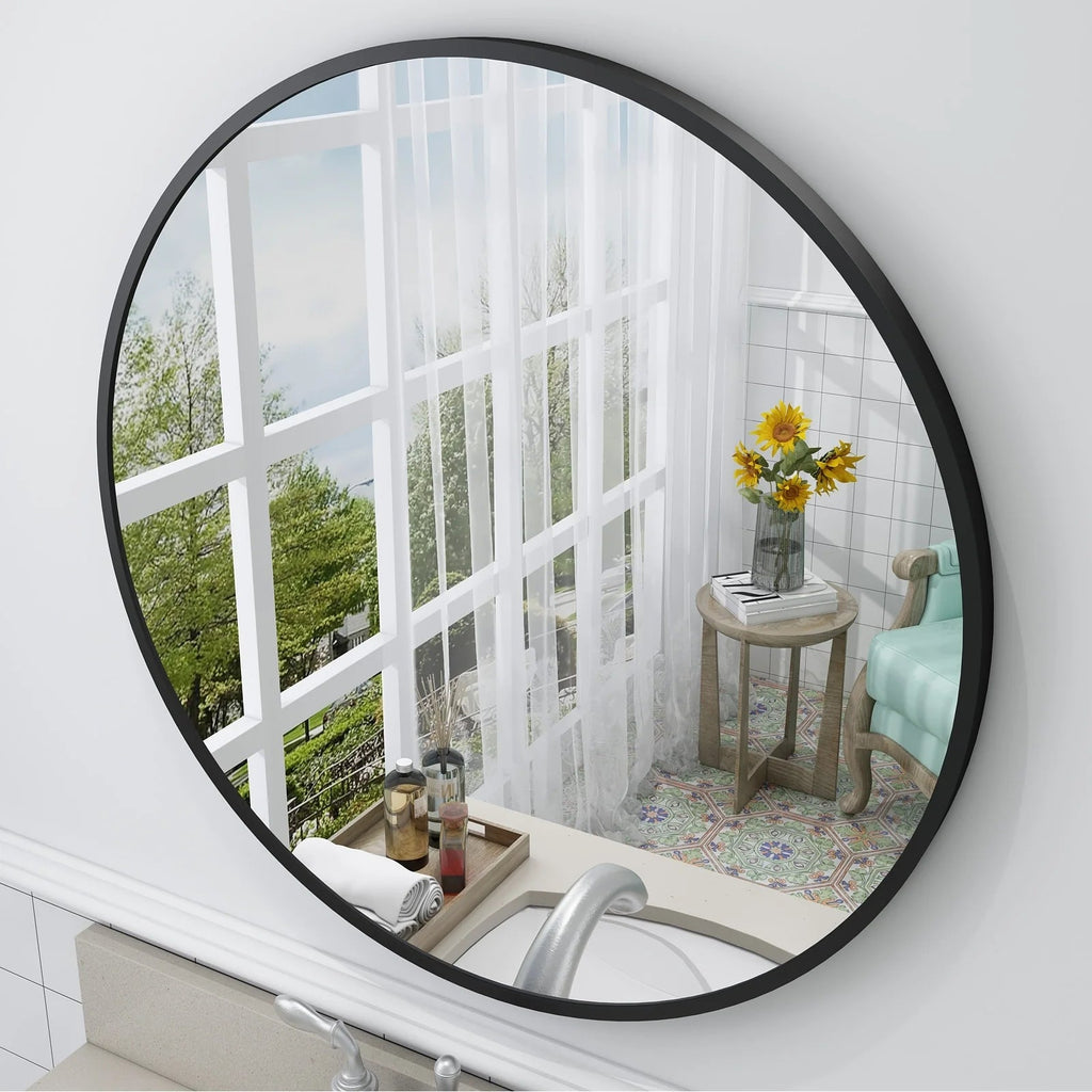 Round Metal Black Frame Bathroom Vanity Mirror - Wall Mounted