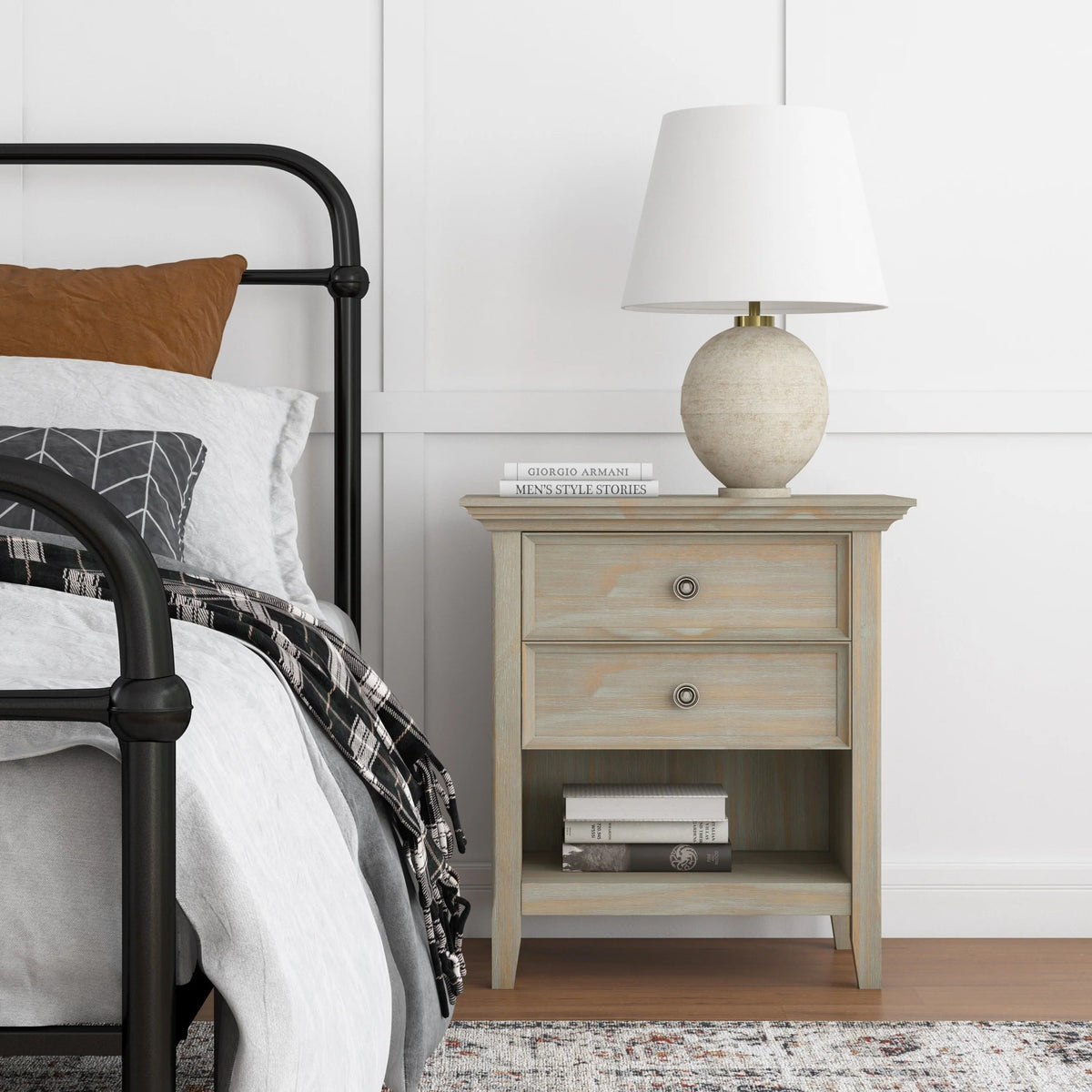 Solid Wood Nightstand With 2 Drawers And Open Shelf, 16 in D x 24 in W x 26 in H