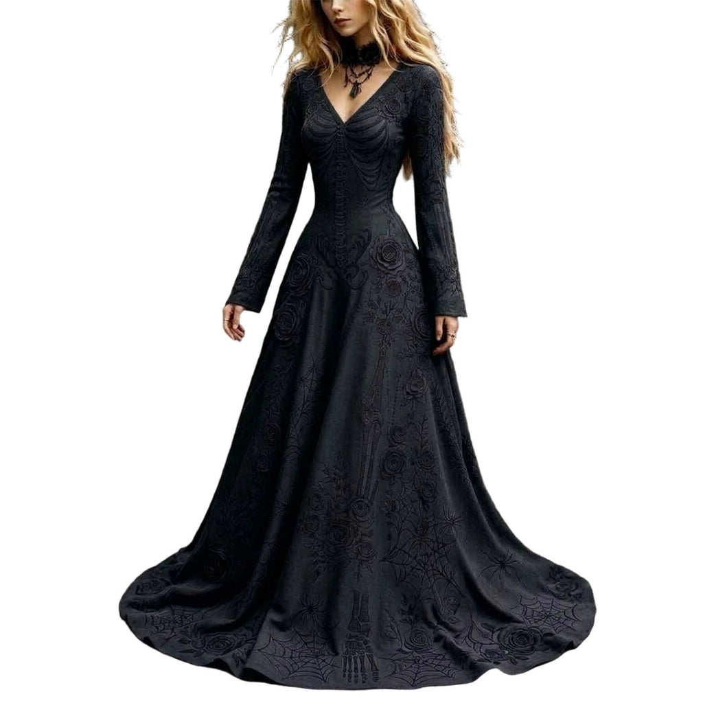 KICILVS Gothic Clothes For Women Black Spiderweb And Spider Print Flowing V Neck Long Maxi Dress Halloween Cosplay Gothic Party Dress