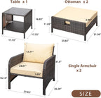 LEVELEVE 5 Piece Patio Conversation Set With PE Wicker Rattan, Cushions, 2 Ottomans And Glass Table
