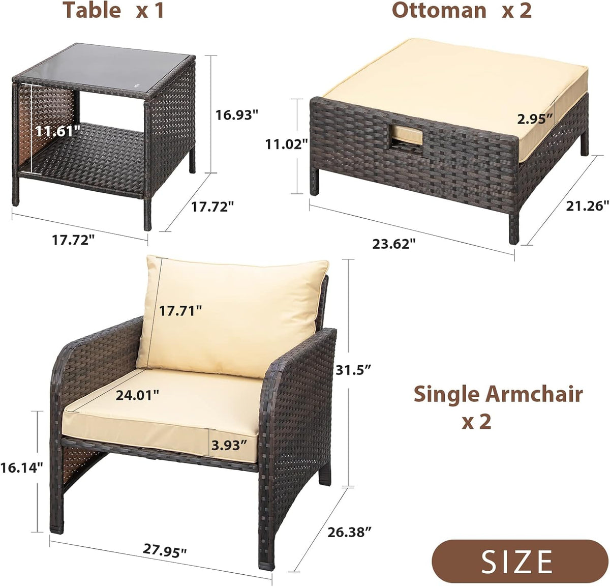 LEVELEVE 5 Piece Patio Conversation Set With PE Wicker Rattan, Cushions, 2 Ottomans And Glass Table