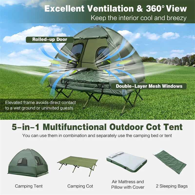 5-in-1 2-Person Portable Camping Tent Cot With Air Mattress, Sleeping Bags And Sunshade - Green & Blue