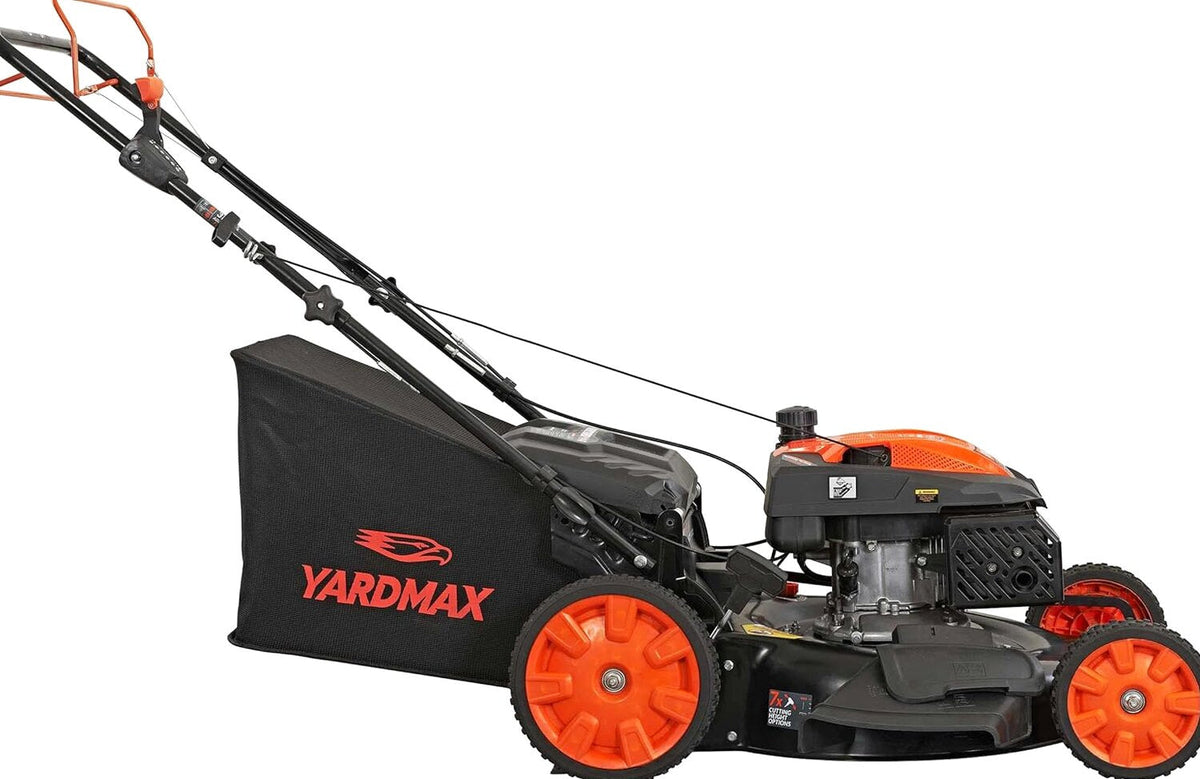 YARDMAX 22 inch Gas Self-Propelled Lawn Mower, 201cc, 6-Speed CVT, High Wheel RWD, 3-in-1, Black