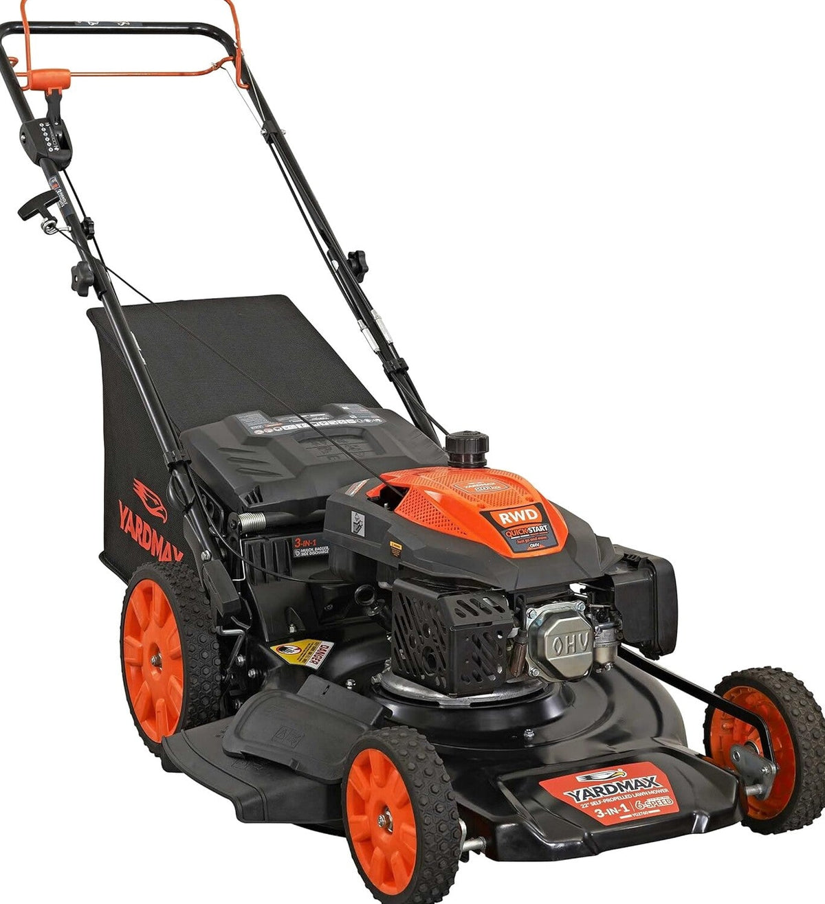 YARDMAX 22 inch Gas Self-Propelled Lawn Mower, 201cc, 6-Speed CVT, High Wheel RWD, 3-in-1, Black