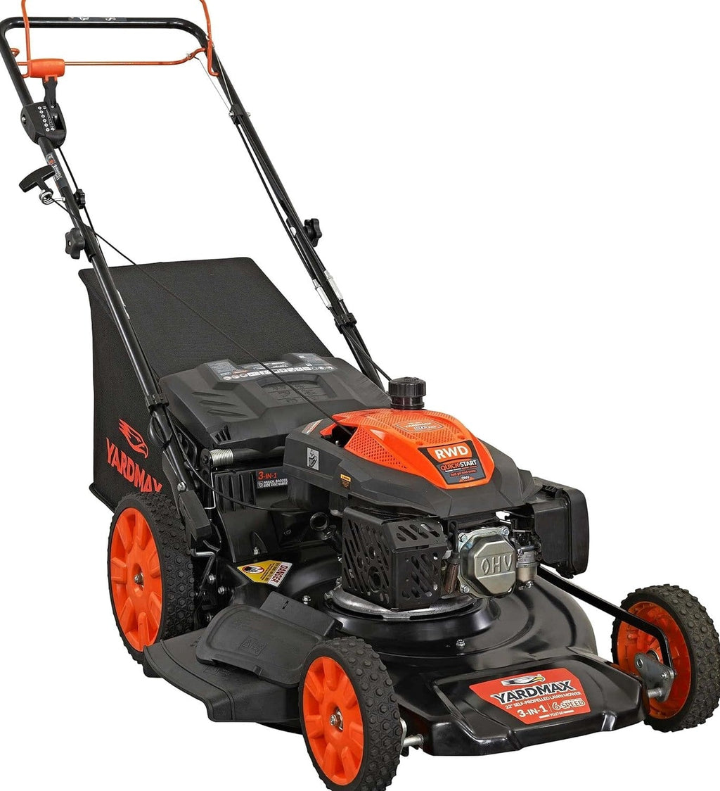YARDMAX 22 inch Gas Self-Propelled Lawn Mower, 201cc, 6-Speed CVT, High Wheel RWD, 3-in-1, Black
