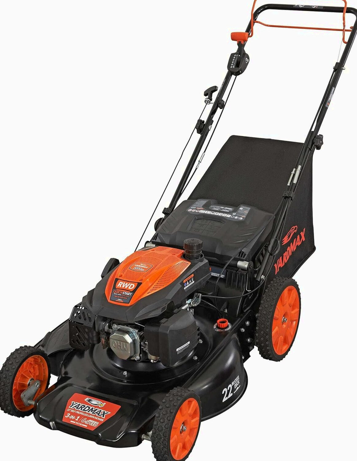 YARDMAX 22 inch Gas Self-Propelled Lawn Mower, 201cc, 6-Speed CVT, High Wheel RWD, 3-in-1, Black